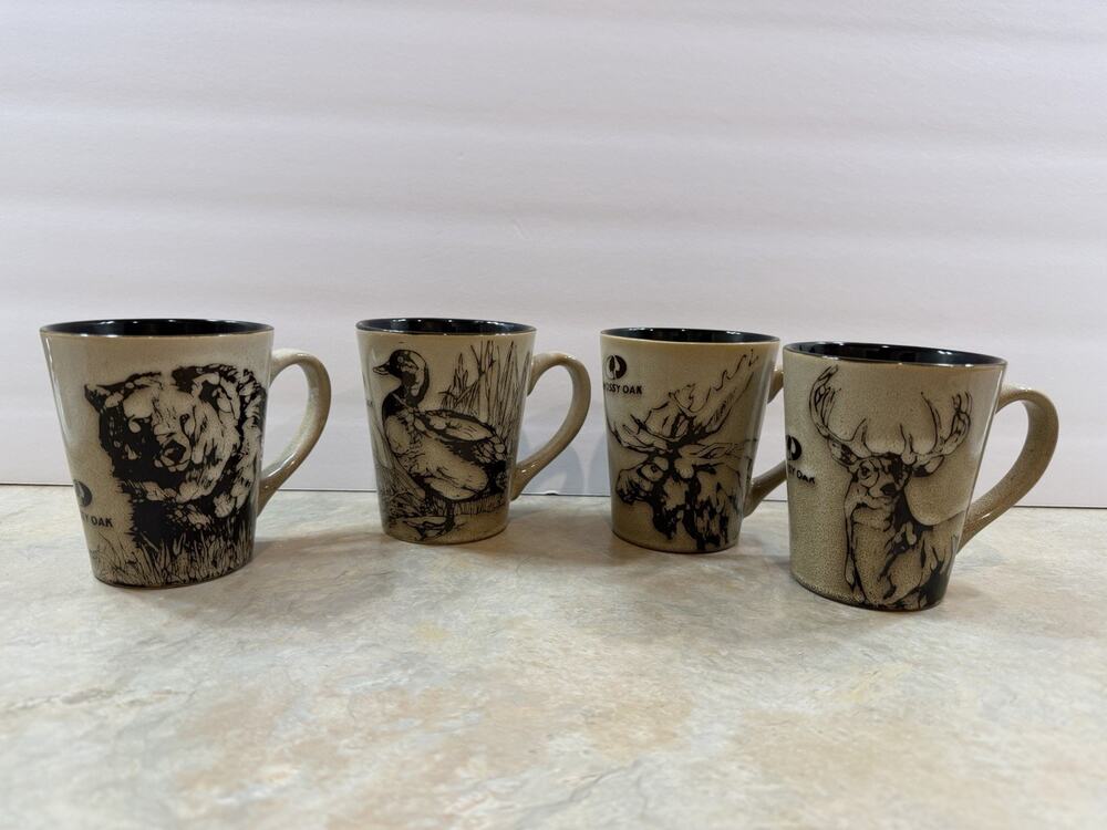 Mossy Oak Wildlife Mugs Set of 4 Bear Moose Deer Duck Stoneware Lodge
